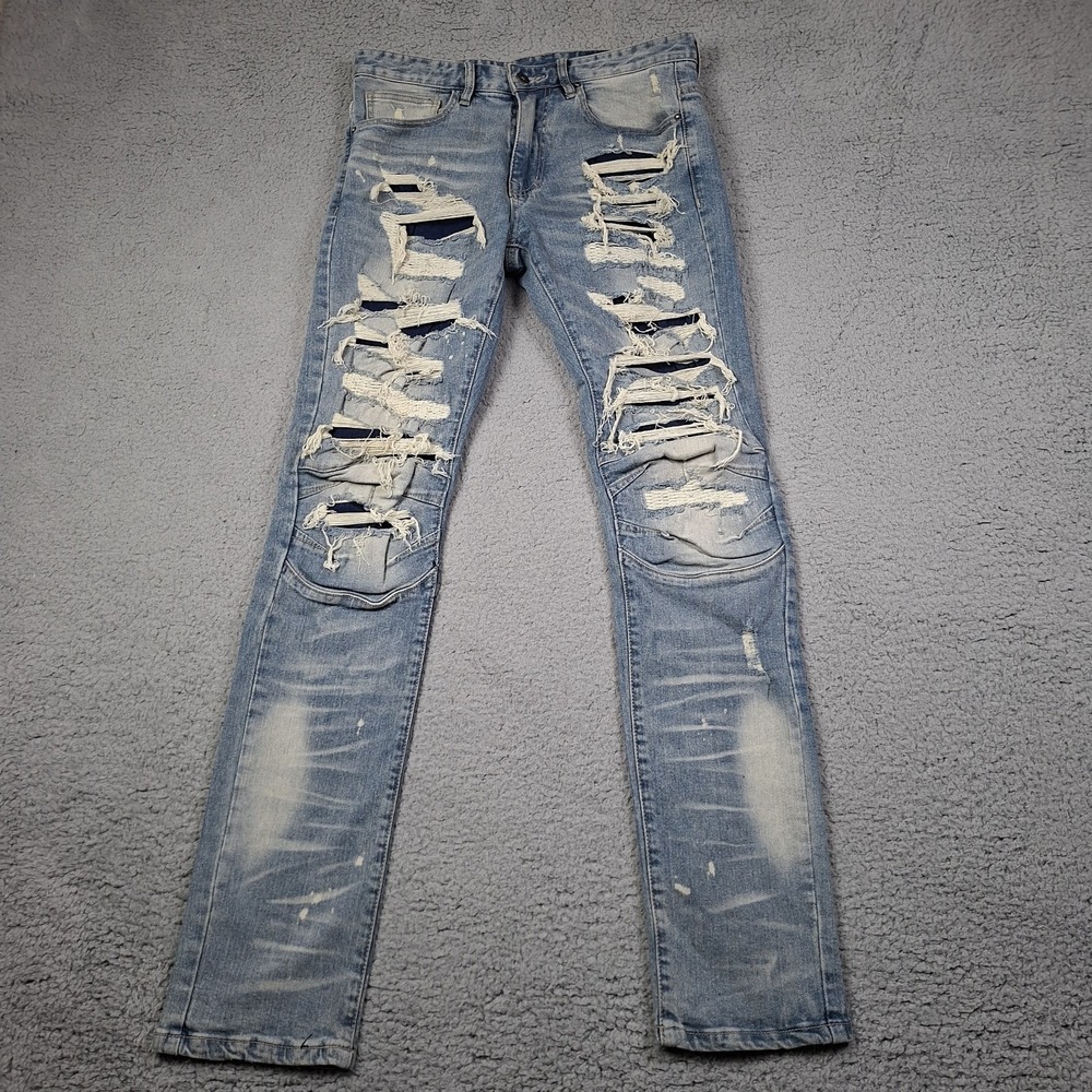 Smoke Rise Skinny Distressed Moto Blue Denim Jeans 33x34 Stretch Rip Repair